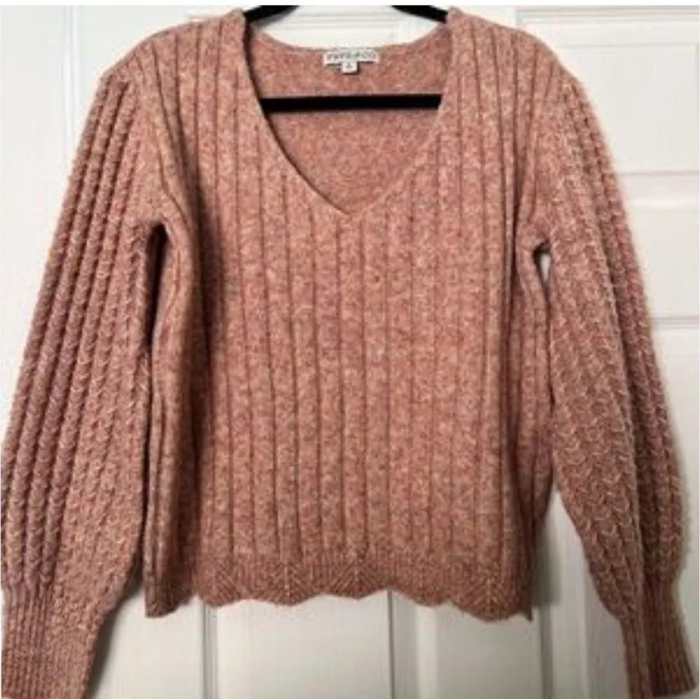 FRYE & CO Puff Sleeve Fancy Knit Boho V Neck Sweater In Apricot NWOT